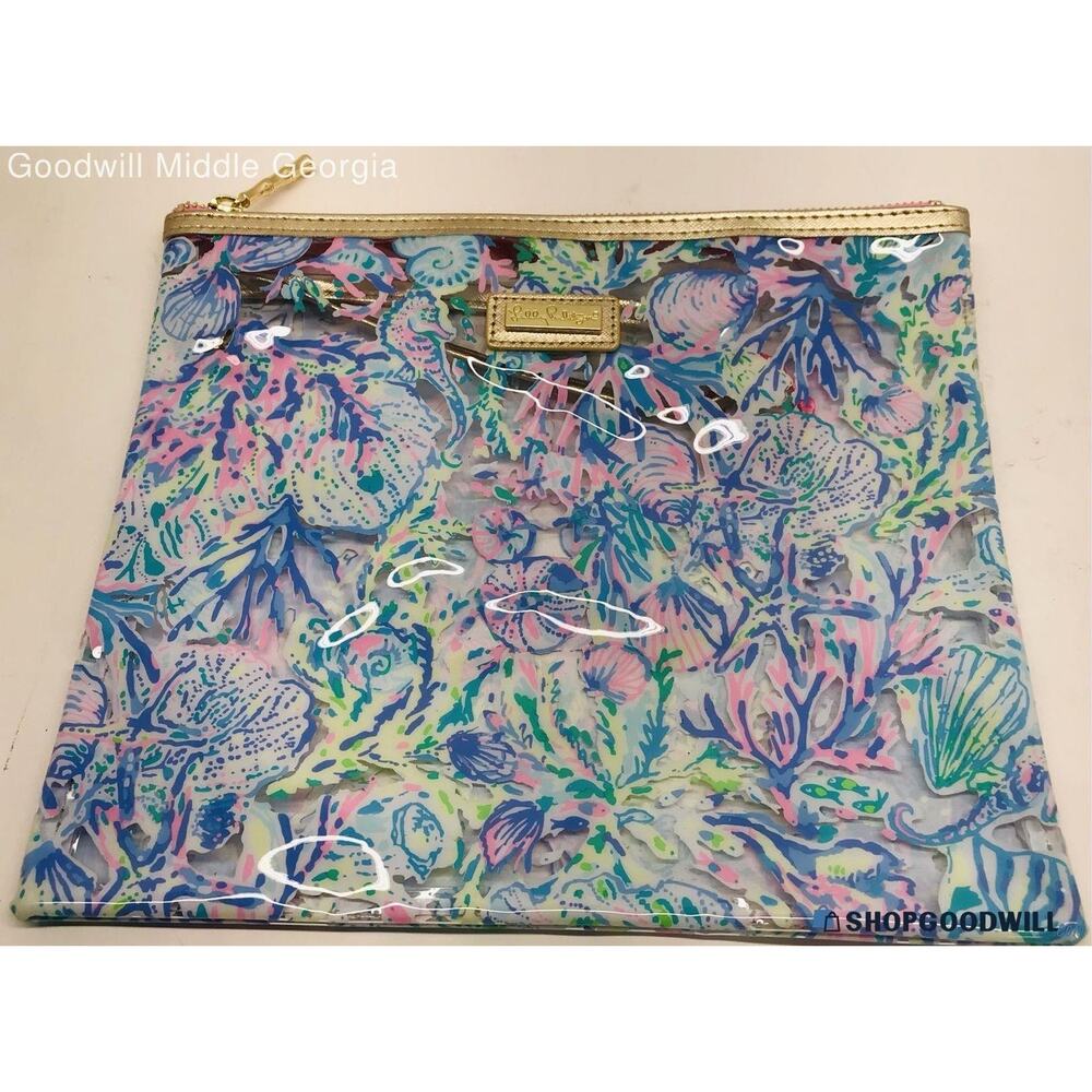 Lilly Pulitzer Blue Floral Hidden Lion Mug Beach Day Koozie Clear Pouch Set - Picture 5 of 10